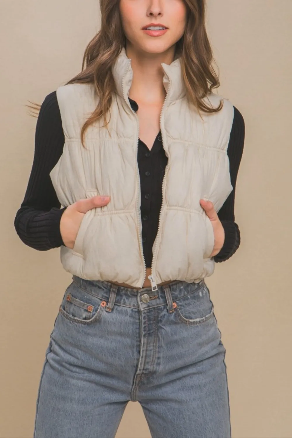 Love Tree Zip Up Turtleneck Cropped Vest Coat - Image 3