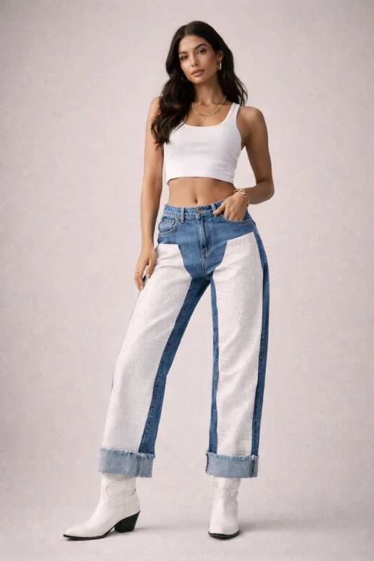 Low Rise Cuffed Jeans with Pink Vinyl Croc Panels - Image 2
