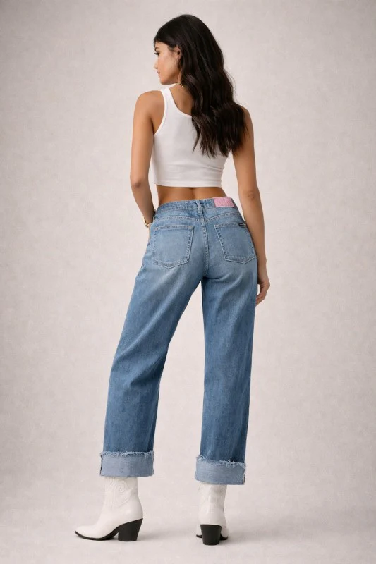 Low Rise Cuffed Jeans with Pink Vinyl Croc Panels - Image 3