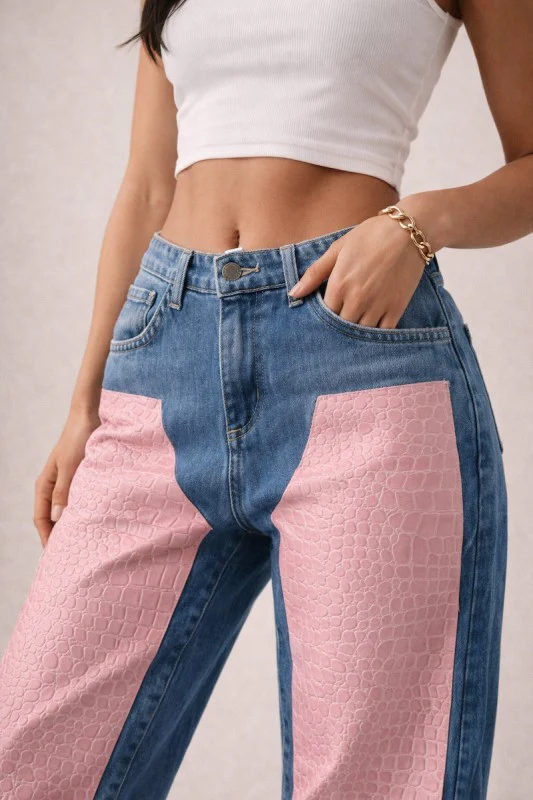 Low Rise Cuffed Jeans with Pink Vinyl Croc Panels - Image 4
