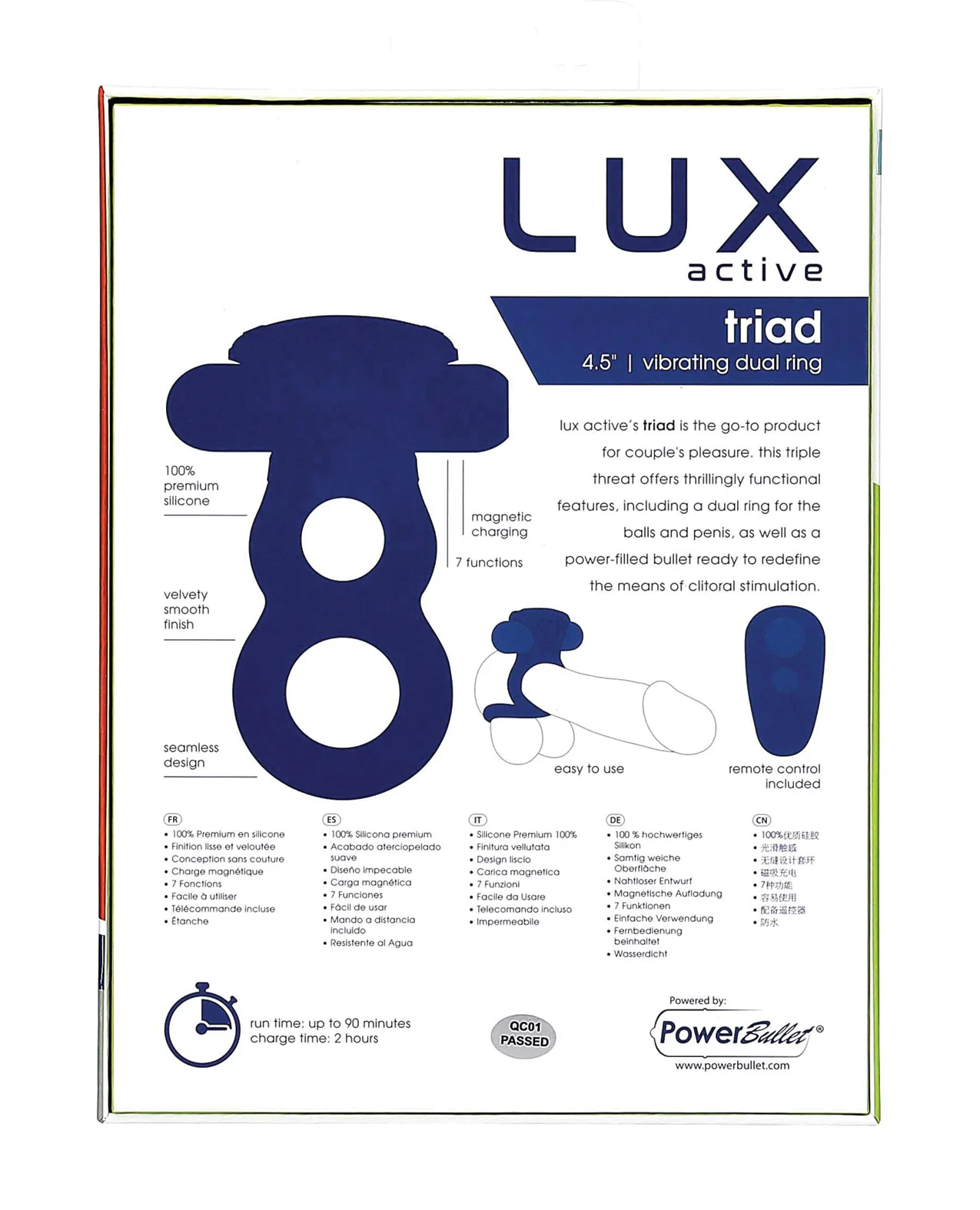 Lux Active Triad 4.5" Vibrating Dual Ring w/Remote - Dark Blue - Image 2