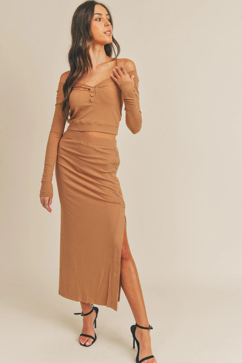 MABLE Button Detail Crop Top and Slit Midi Skirt Set - Image 3