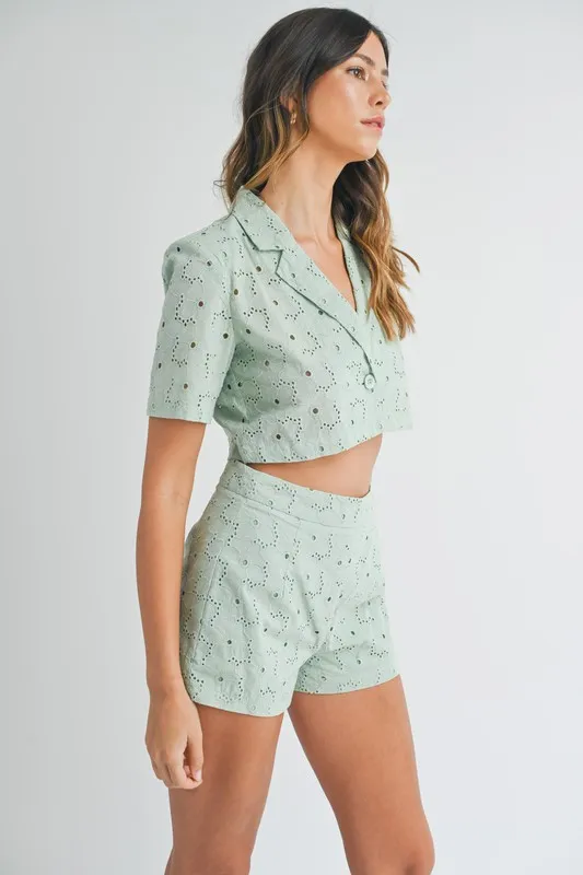 MABLE Eyelet Short Sleeve Crop Top and Shorts Set - Image 4