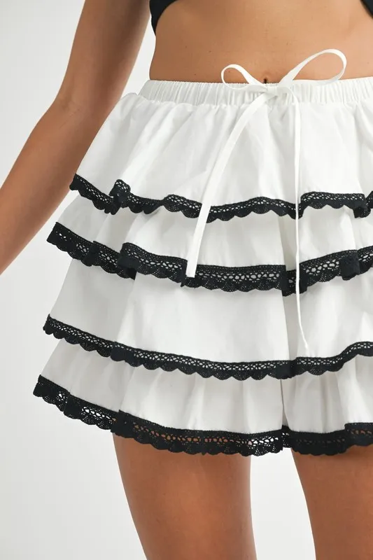 MABLE Poplin Ruffle Layered Contract Lace Trim Mini Skirt - Image 8