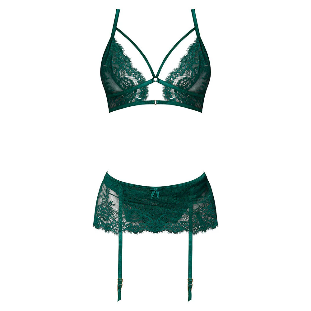 Magic Silk Evermore Bralette, Garter Skirt & Thong Set Emerald Queen Size - Image 5