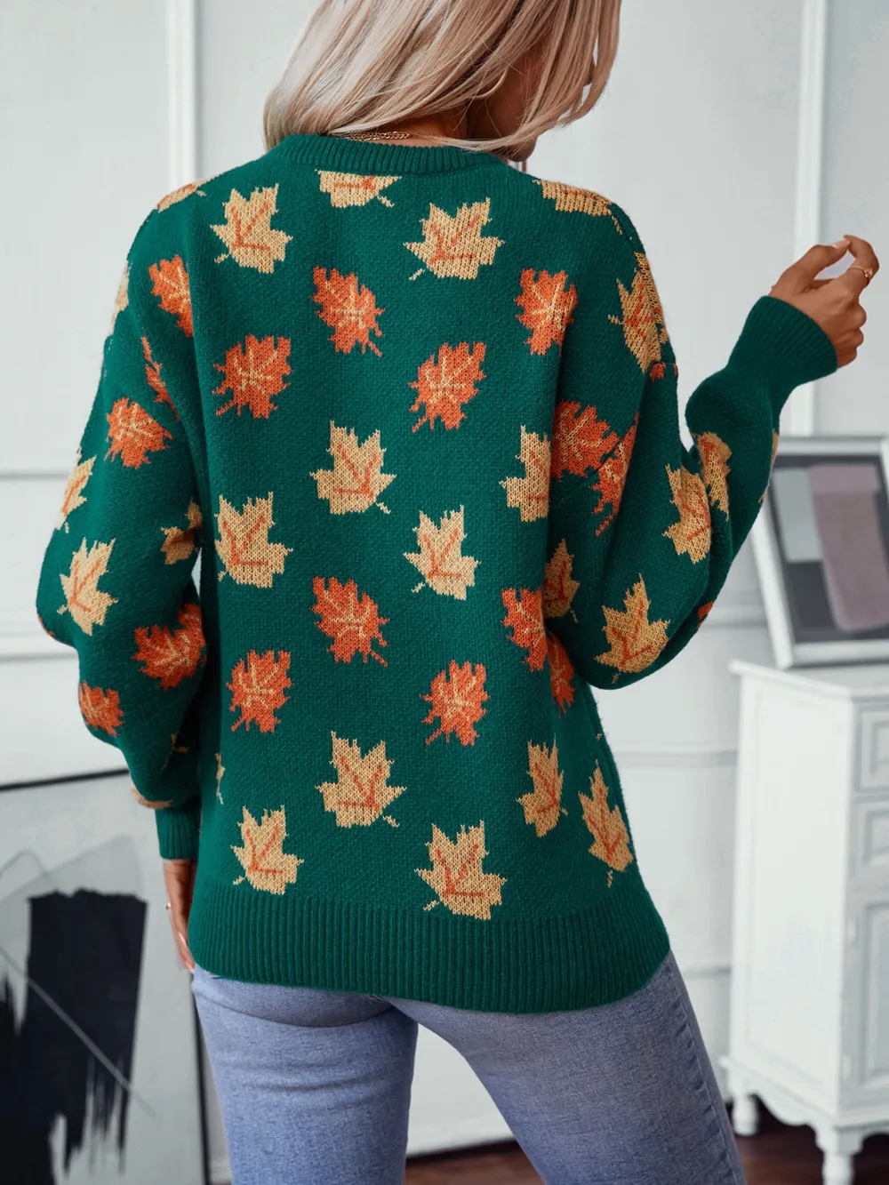 Maple Leaf Round Neck Long Sleeve Sweater - Image 2
