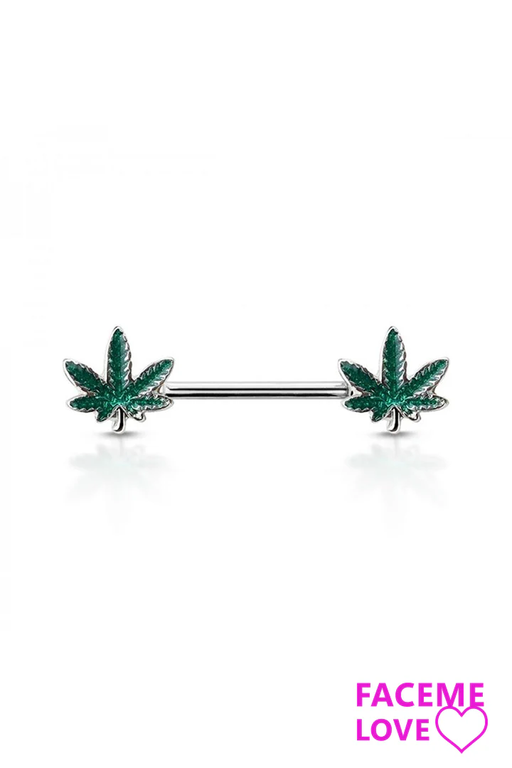 MARIJUANA LEAF 316L SS INDUSTRIAL NIPPLE BAR
