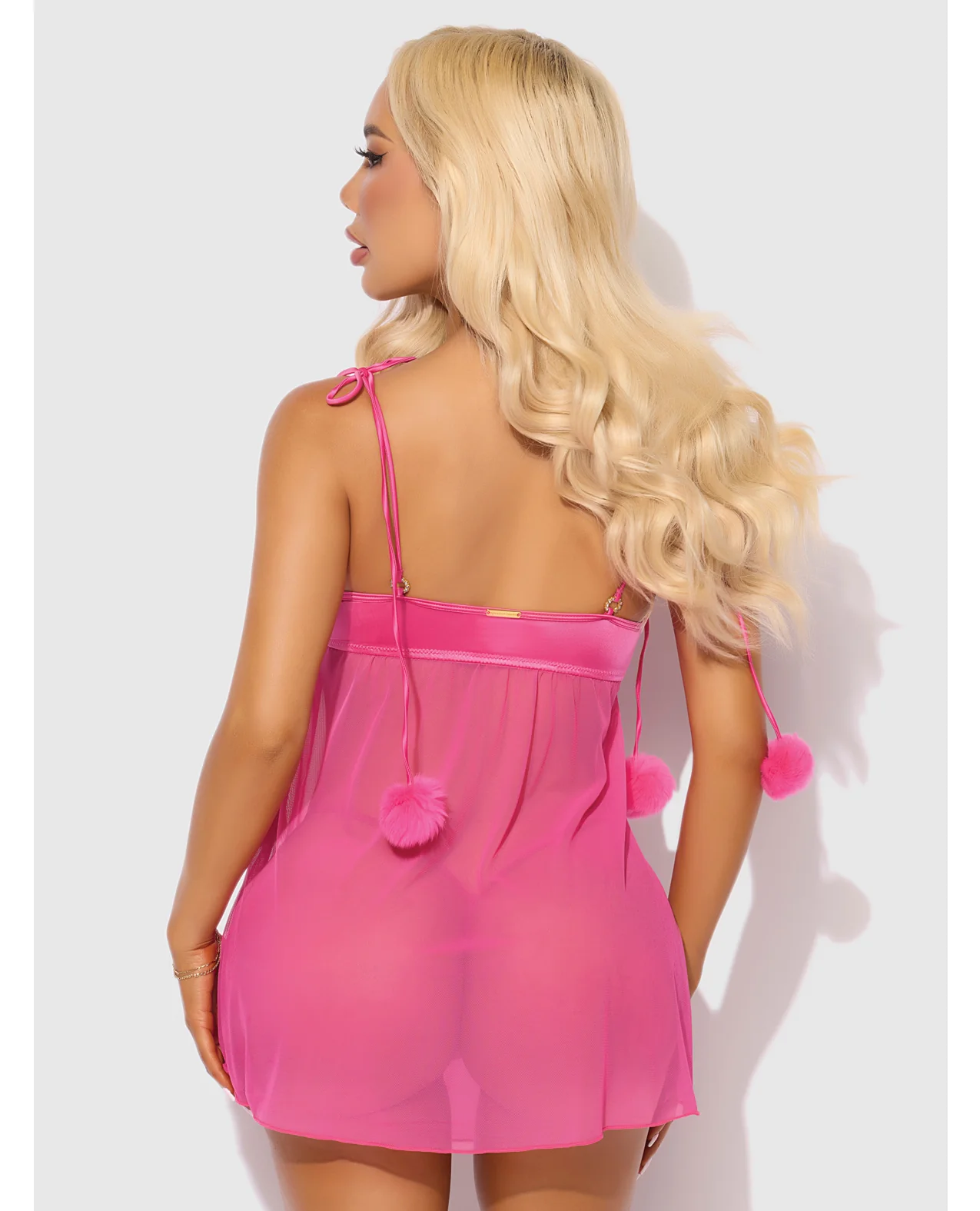 Marilyn Marabou & Mesh Babydoll & G-String Set - Pink SM - Image 2