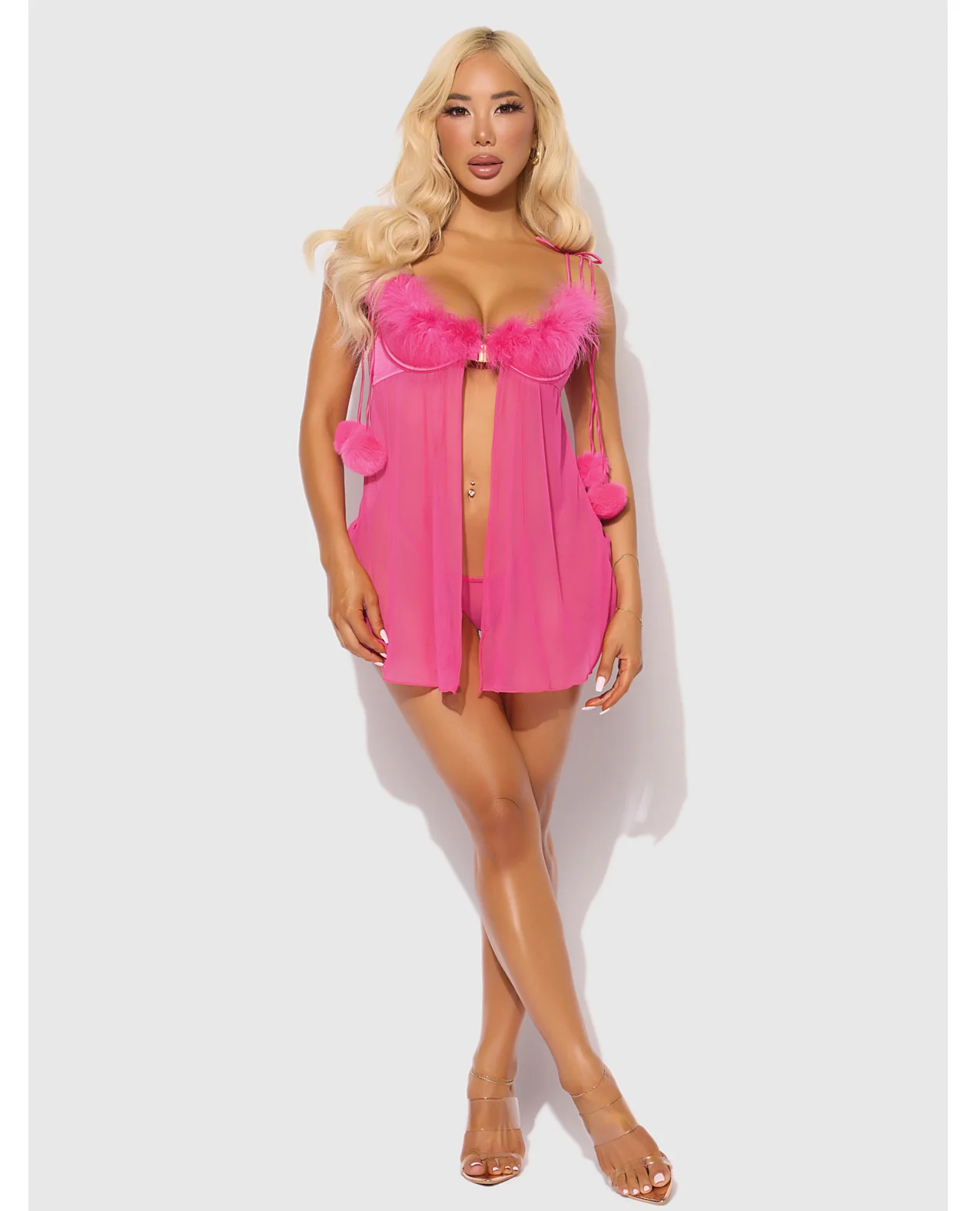 Marilyn Marabou & Mesh Babydoll & G-String Set - Pink SM - Image 3