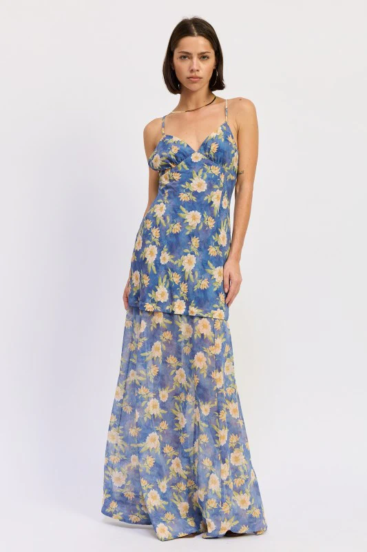 MAXI FLORAL CROSS TIE BACK DRESS