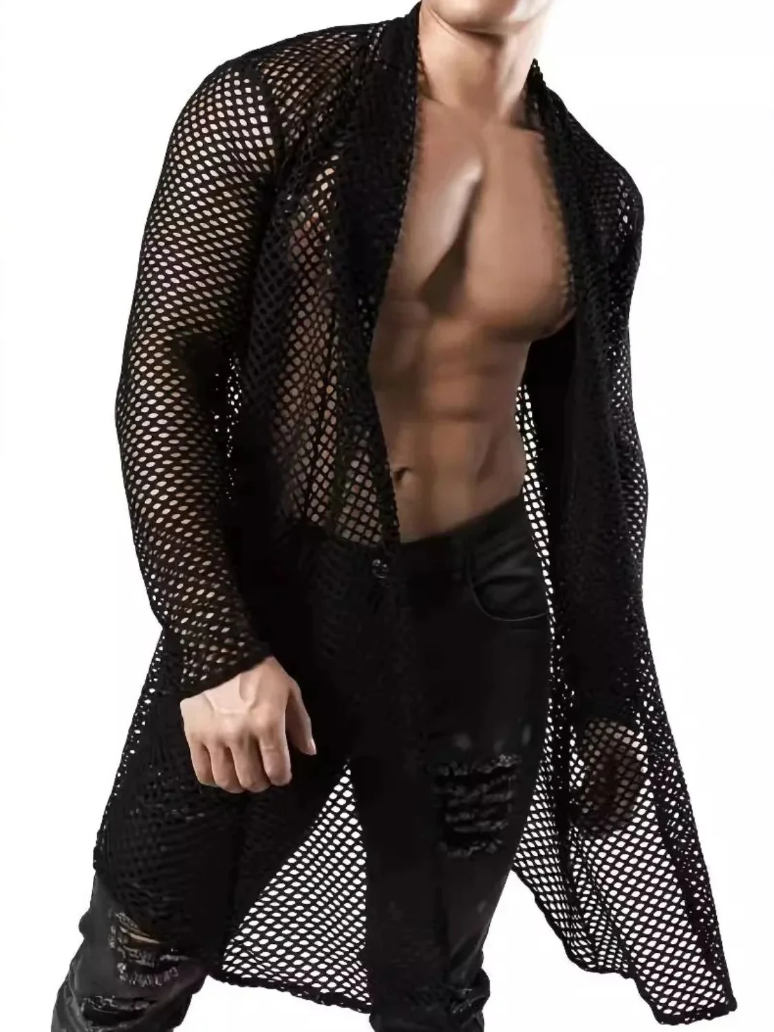 Men's Openwork Open Front Long Sleeve Cover-Up - Image 3