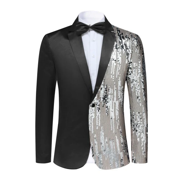 Mens Sliver Sequin Patchwork Tuxedo Jacket