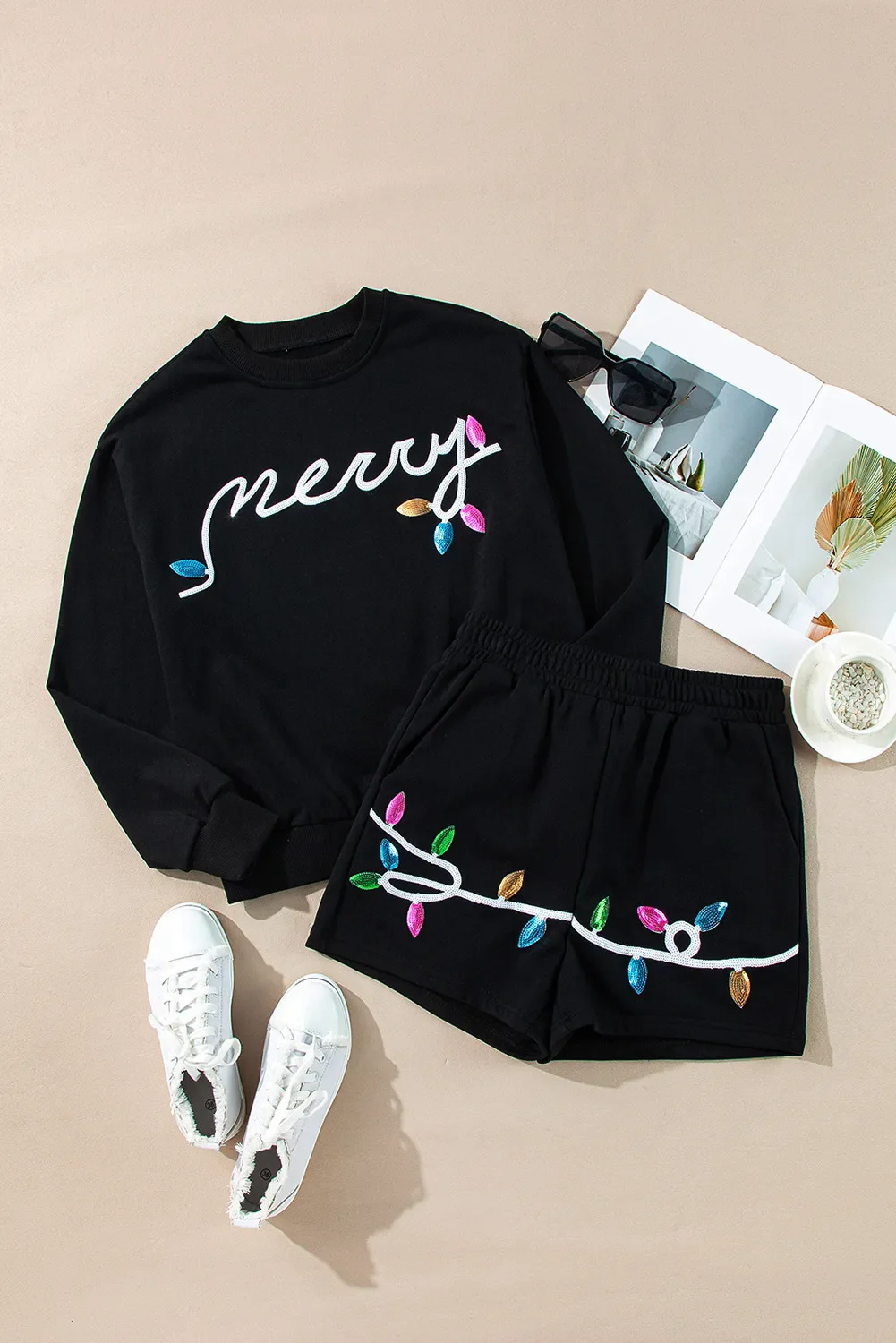 MERRY Sequin Round Neck Long Sleeve Top and Shorts Set - Image 3