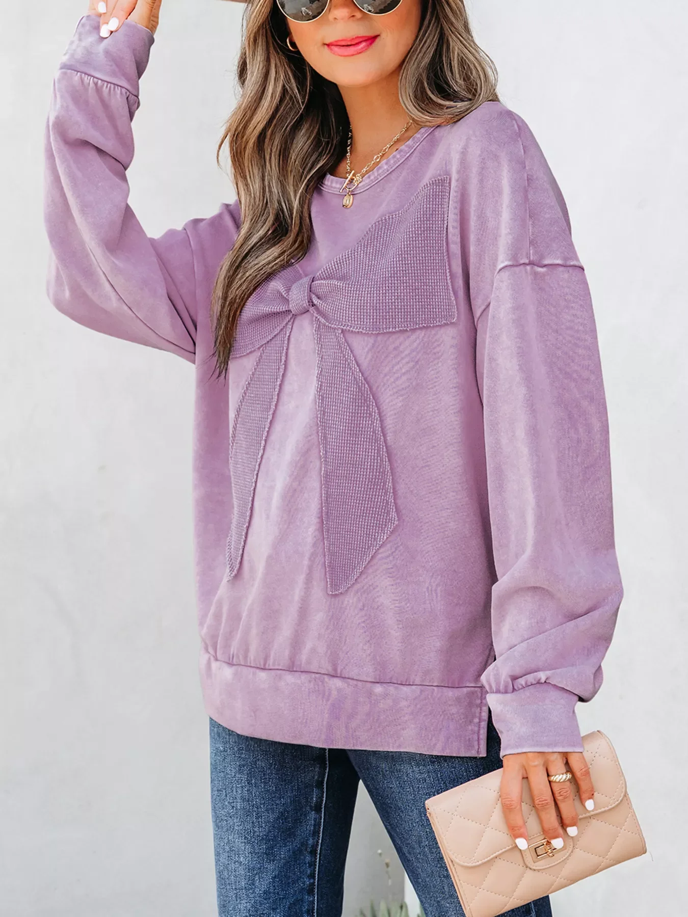 Mineral Wash Bow Patchwork Sweatshirt - Image 14