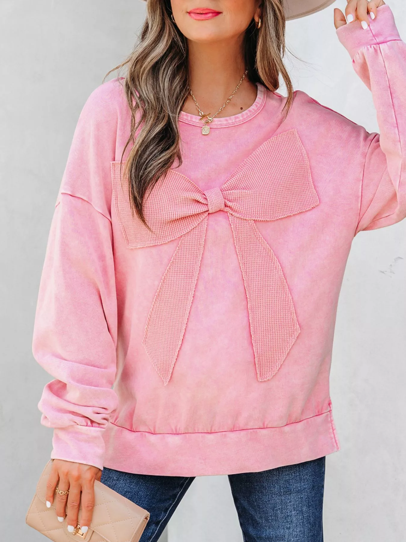 Mineral Wash Bow Patchwork Sweatshirt - Image 4