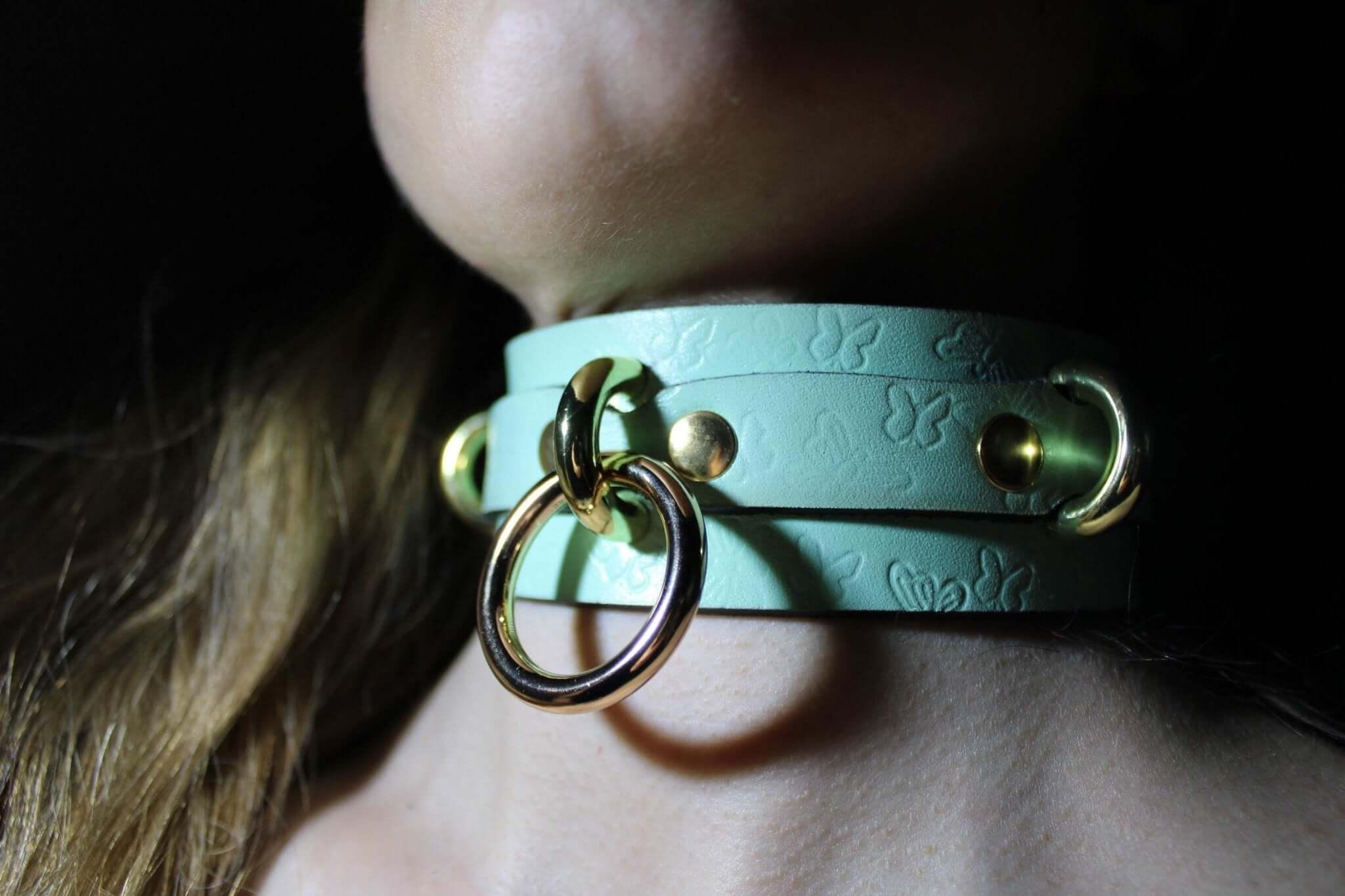 Mint Green Submissive Collar Butterfly Embossed Choker Collar - Image 2