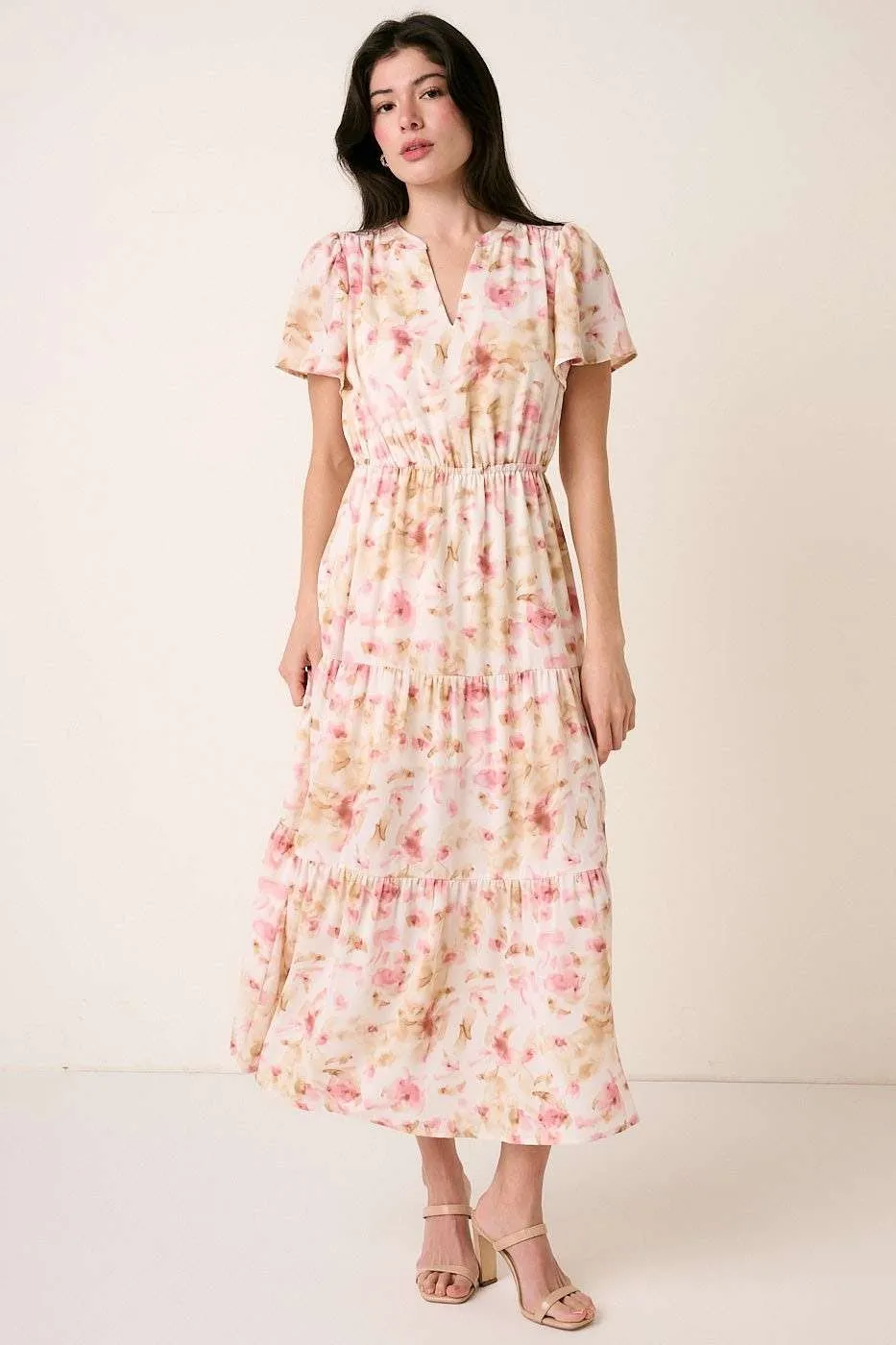 Mittoshop Flower Print Flutter Sleeve V Slit Maxi Dress - Image 3