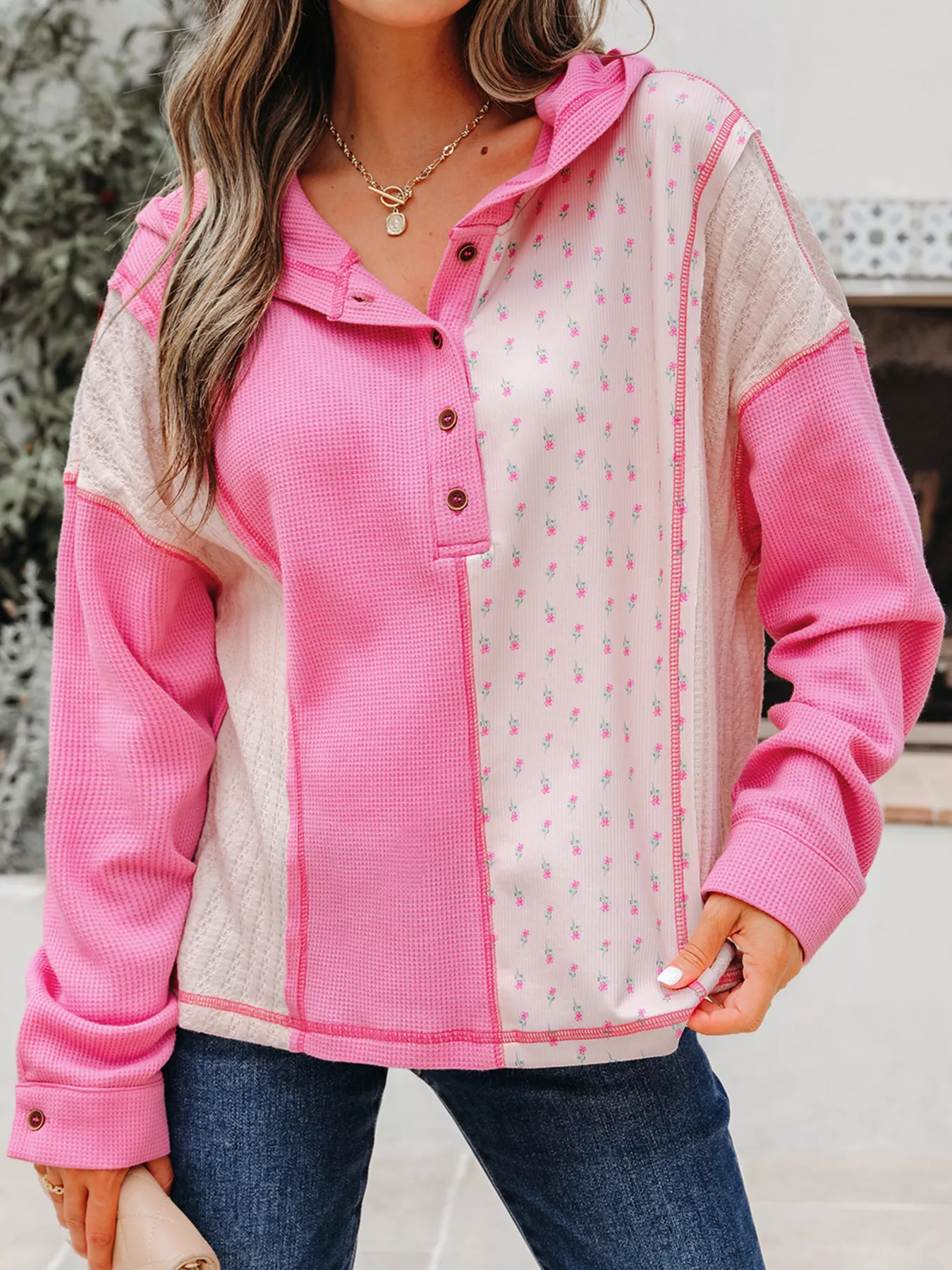 Mixed Texture Waffle Floral Patchwork Hooded Oversize Pullover - Image 2