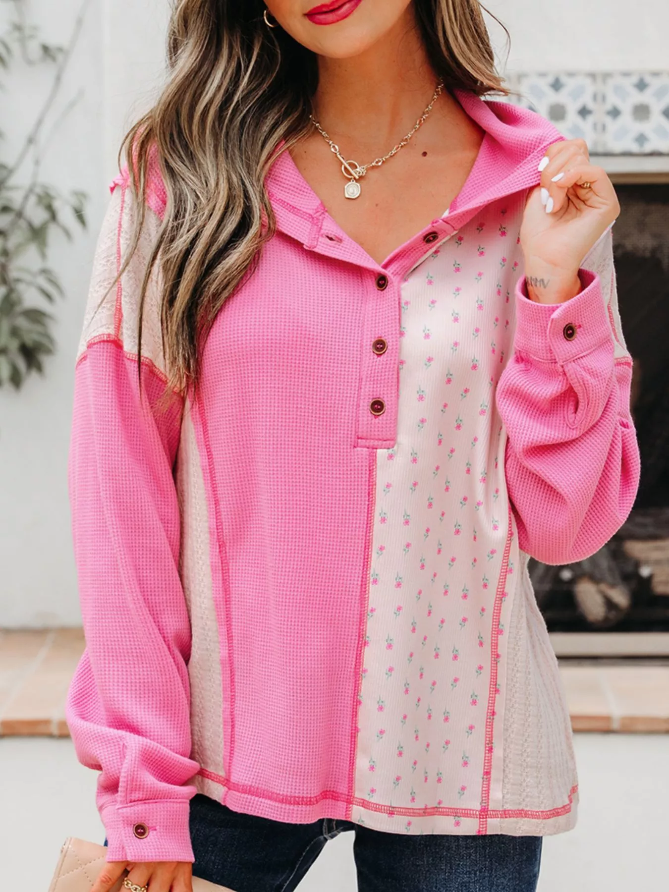 Mixed Texture Waffle Floral Patchwork Hooded Oversize Pullover - Image 3