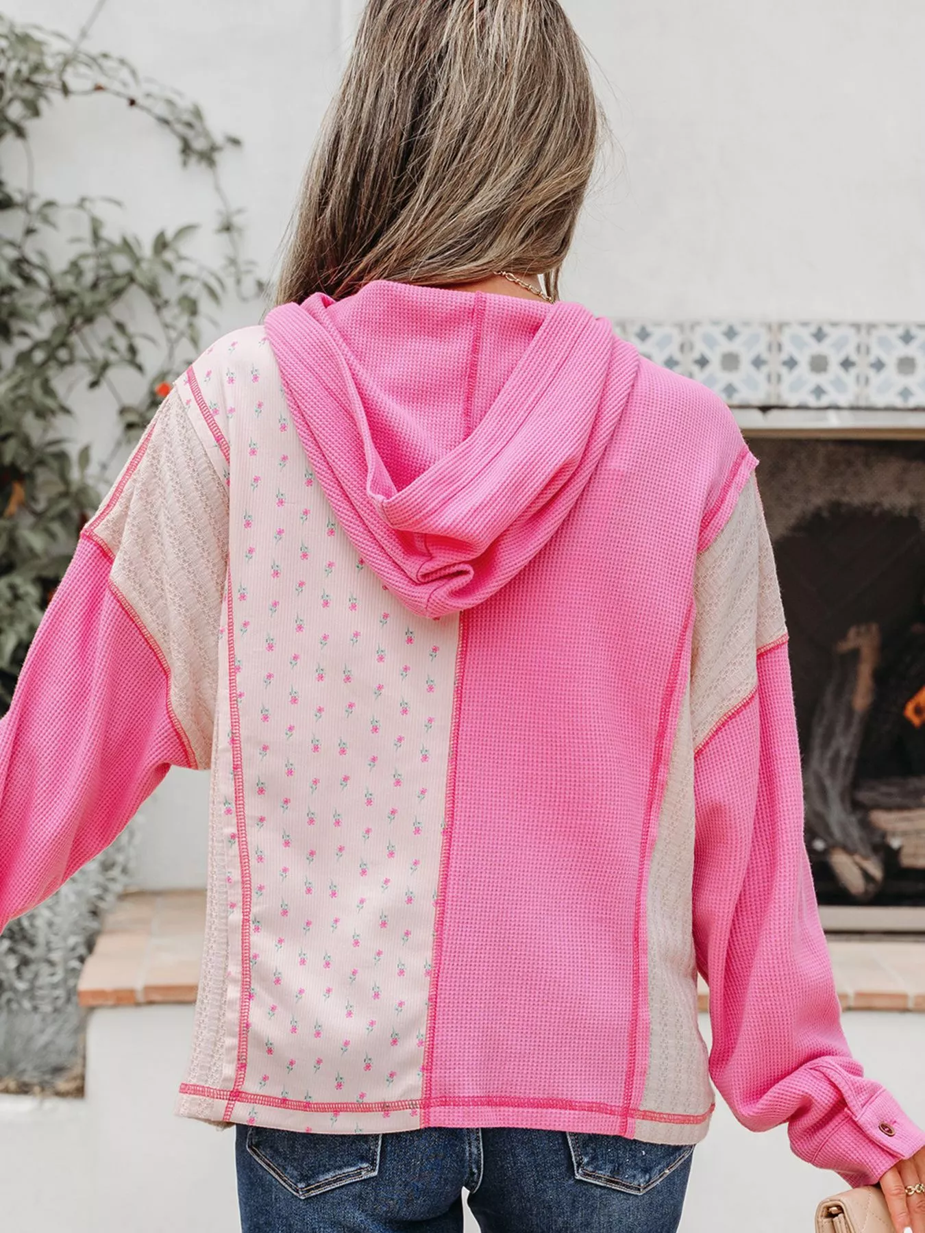 Mixed Texture Waffle Floral Patchwork Hooded Oversize Pullover - Image 4