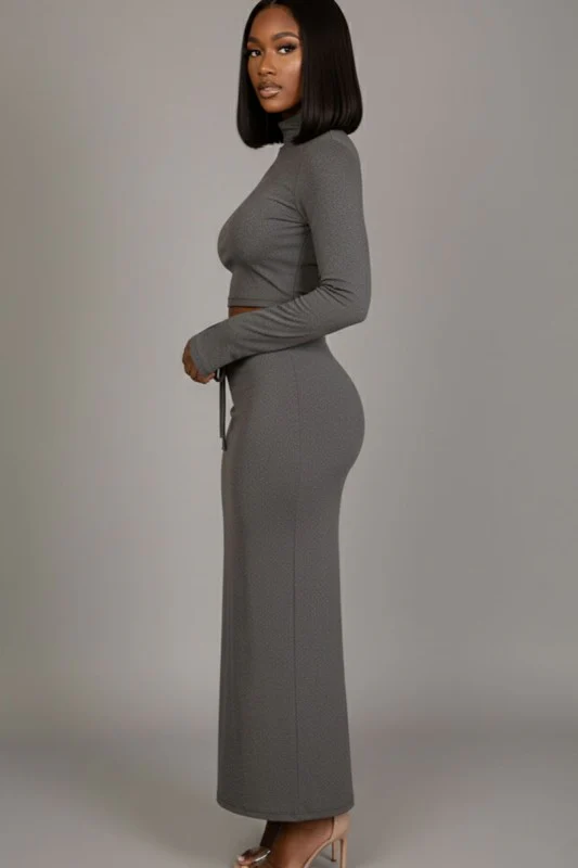 Mock Neck Bell Sleeve Crop Top & Maxi Skirt Set - Image 2
