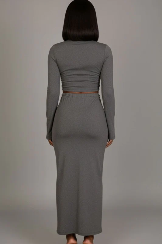 Mock Neck Bell Sleeve Crop Top & Maxi Skirt Set - Image 3