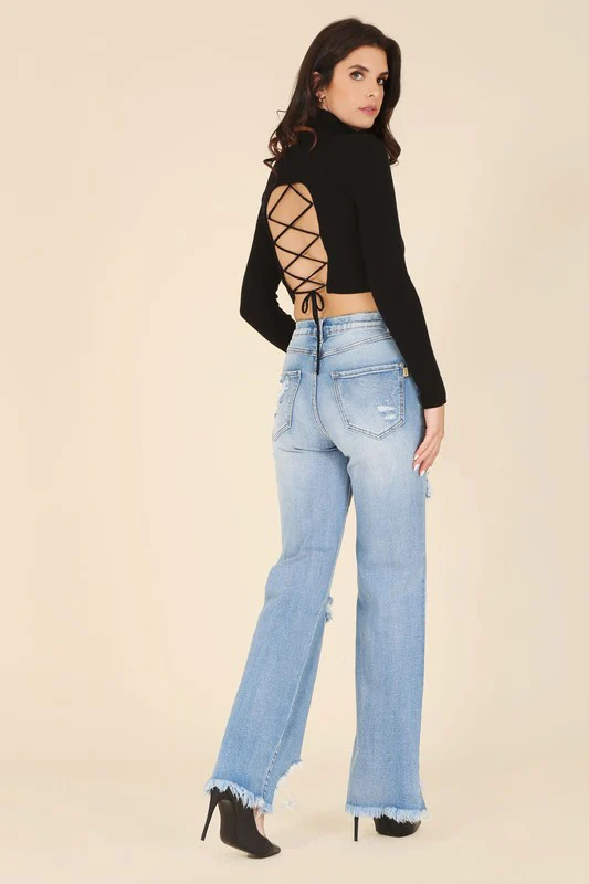 Mock neck lace-up open back top - Image 5