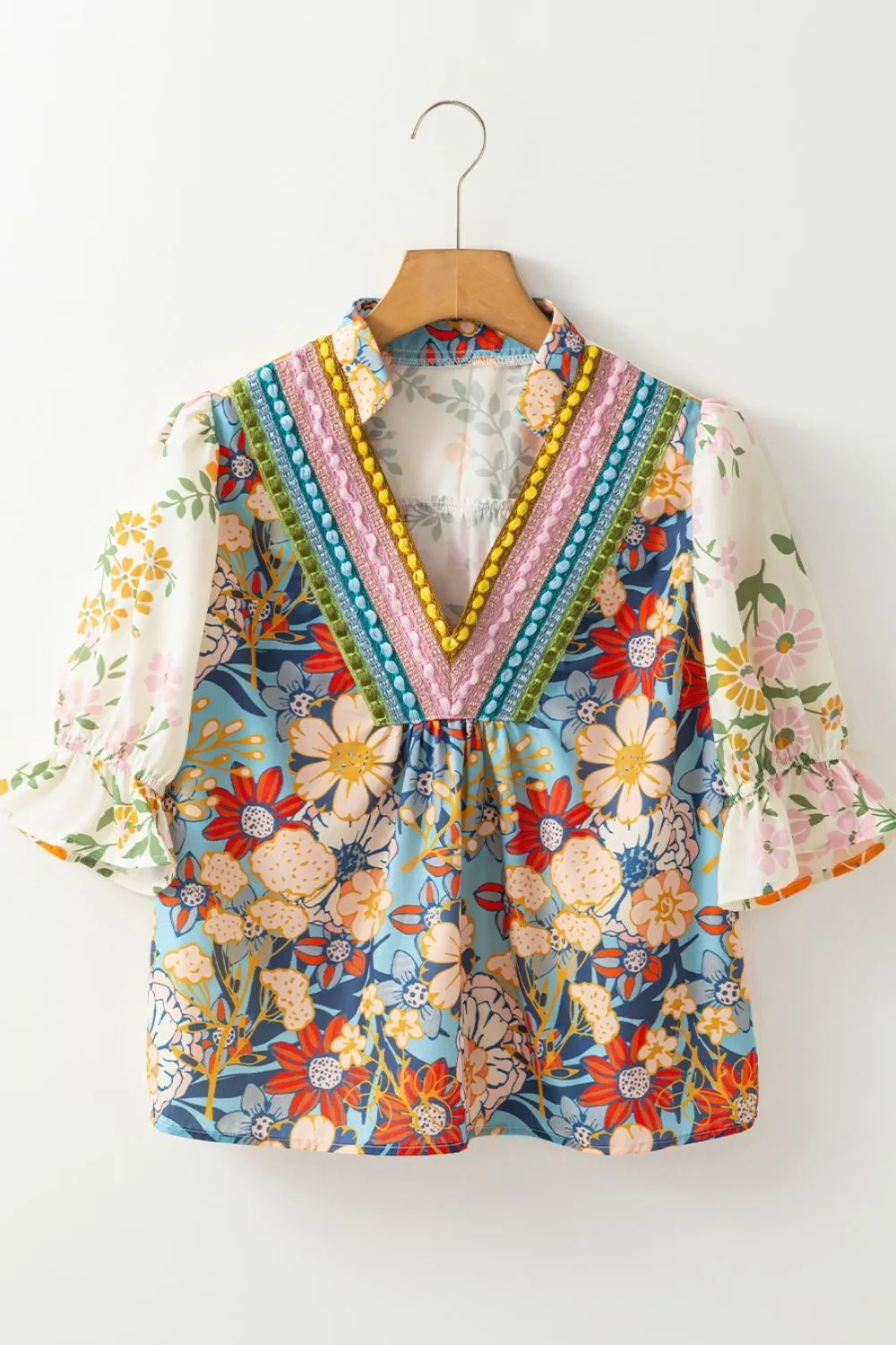 Multicolour Crochet V Neck Half Sleeve Boho Floral Blouse - Image 7