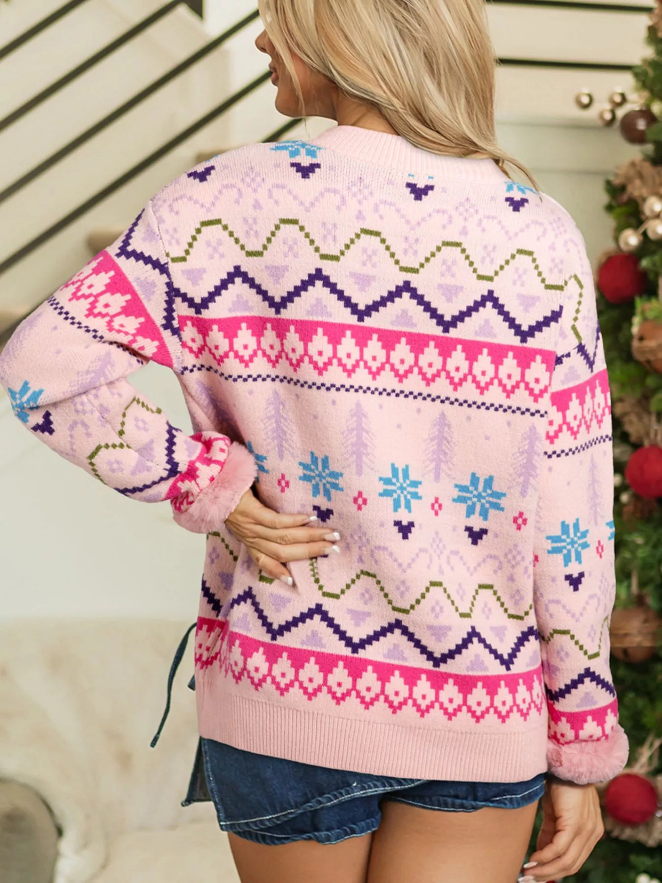 Multicolour Ethnic Christmas Pattern Knit Feather Cuffed Sweater - Image 2