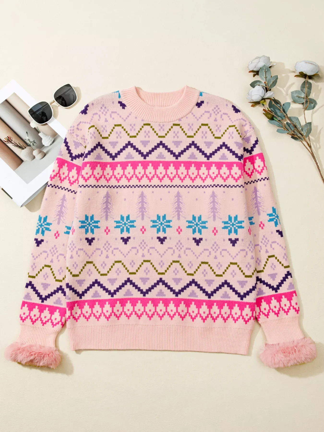 Multicolour Ethnic Christmas Pattern Knit Feather Cuffed Sweater - Image 3