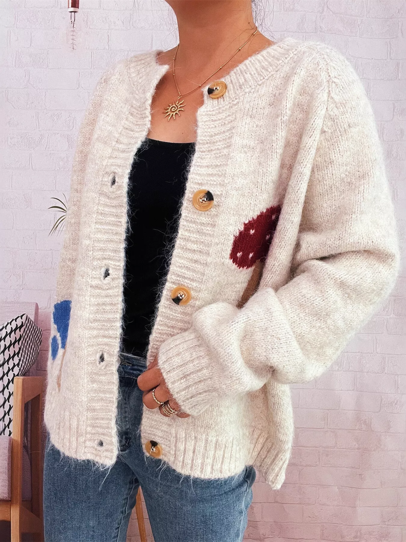Mushroom Pattern Button-Up Cozy Knit Cardigan - Image 2