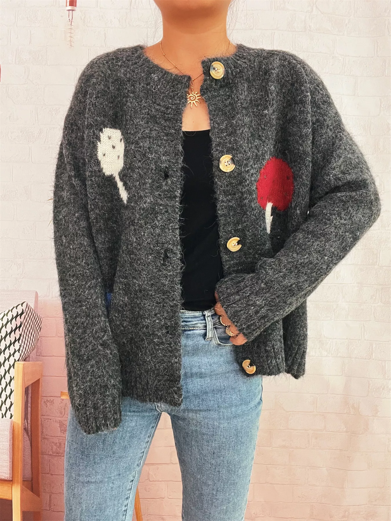 Mushroom Pattern Button-Up Cozy Knit Cardigan - Image 9