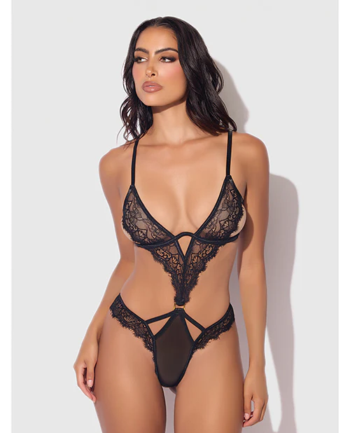 Nadia Lace & Mesh Cutout Teddy - Black SM