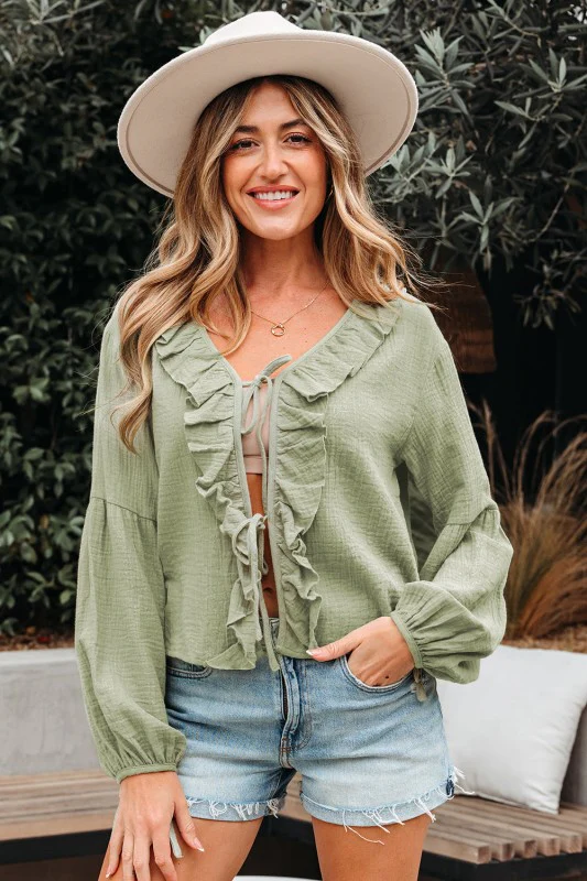 Natalia Bow Tie Front Ruffle Trim Long Sleeve Gauz