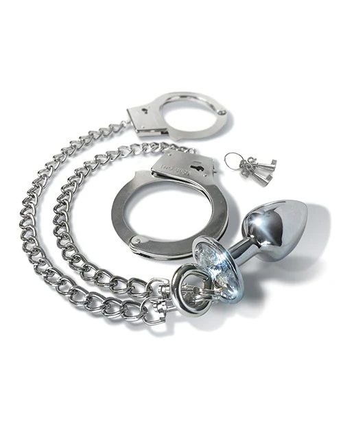 Nixie Metal Butt Plug w/Inlaid Jewel & Fur Cuff Set - Silver Metallic - Image 3