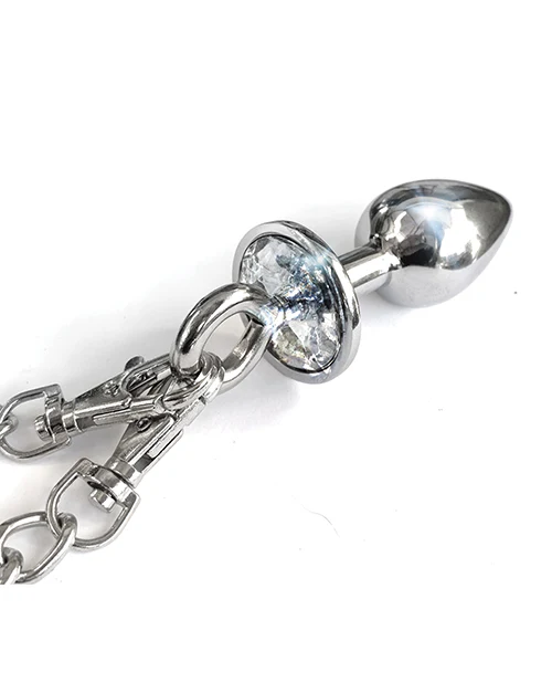 Nixie Metal Butt Plug w/Inlaid Jewel & Fur Cuff Set - Silver Metallic - Image 4