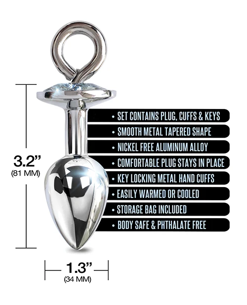 Nixie Metal Butt Plug w/Inlaid Jewel & Fur Cuff Set - Silver Metallic - Image 5