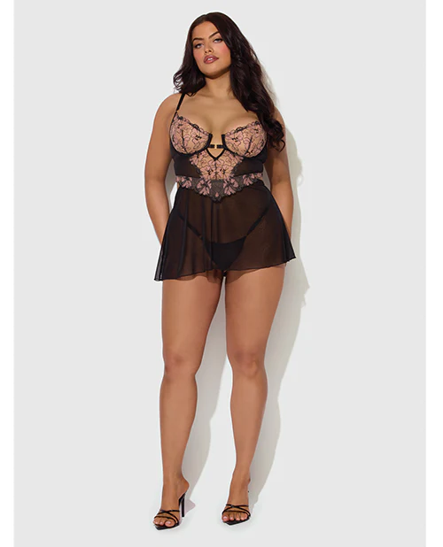 Nova Lace & Mesh Babydoll w/G-String 2 pc Set - Black 1X/2X - Image 4