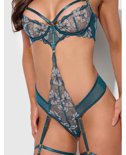 Nova Lace Teddy w/Garters - Jade Blue XL - Image 2