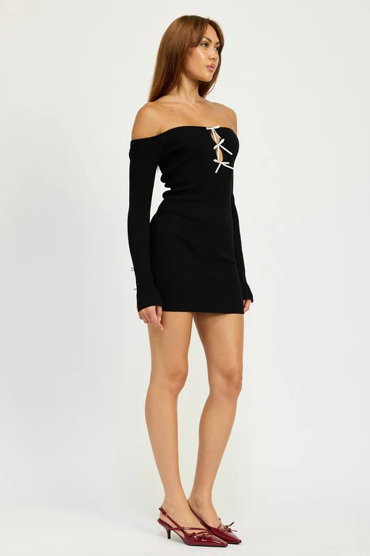 OFF SHOULDER BODYCON DRESS WITH BOW DETAIL - Image 11