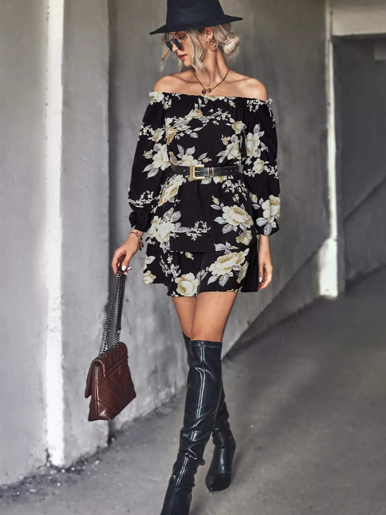 Off-Shoulder Floral Print Long Sleeve Mini Dress - Image 10