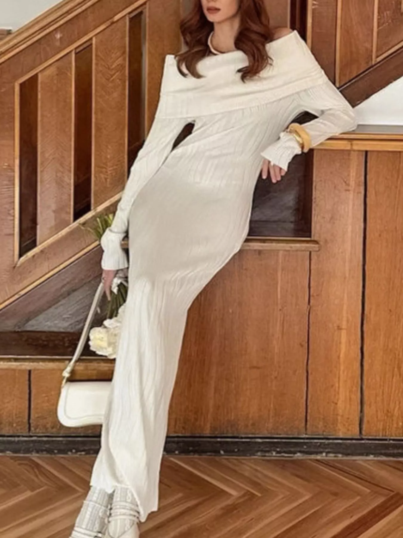 Off-Shoulder Textured Knit Maxi Dress - Image 3