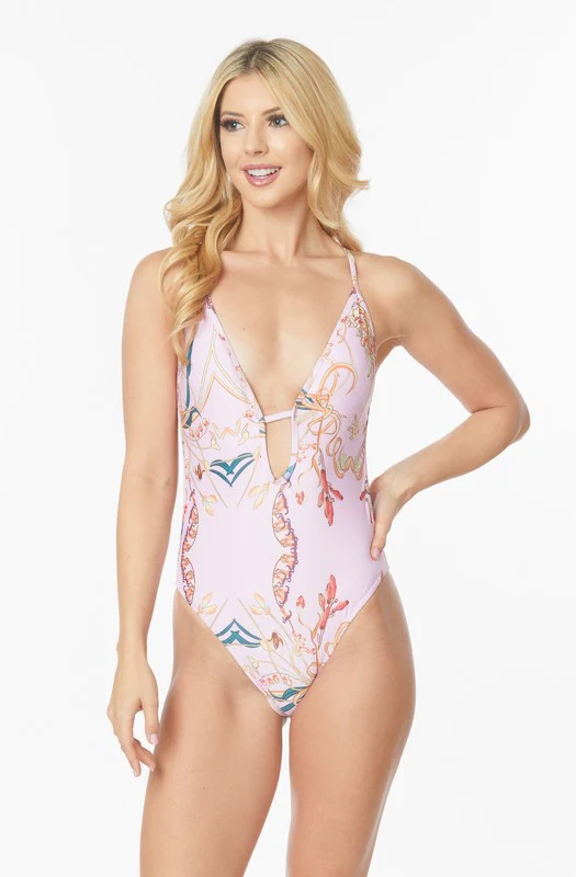 ONE PIECE BATHING SUIT FLORAL PRINT DEEP CUT FRONT - Image 7