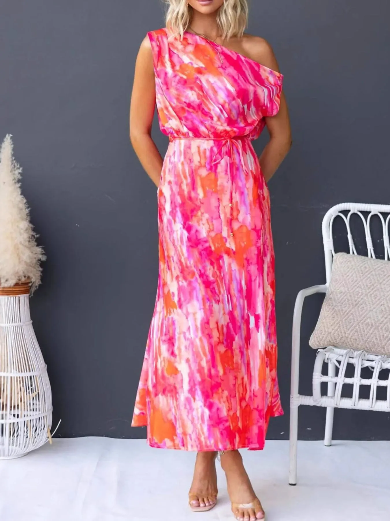 One Shoulder Printed Dress with Slit - Image 13
