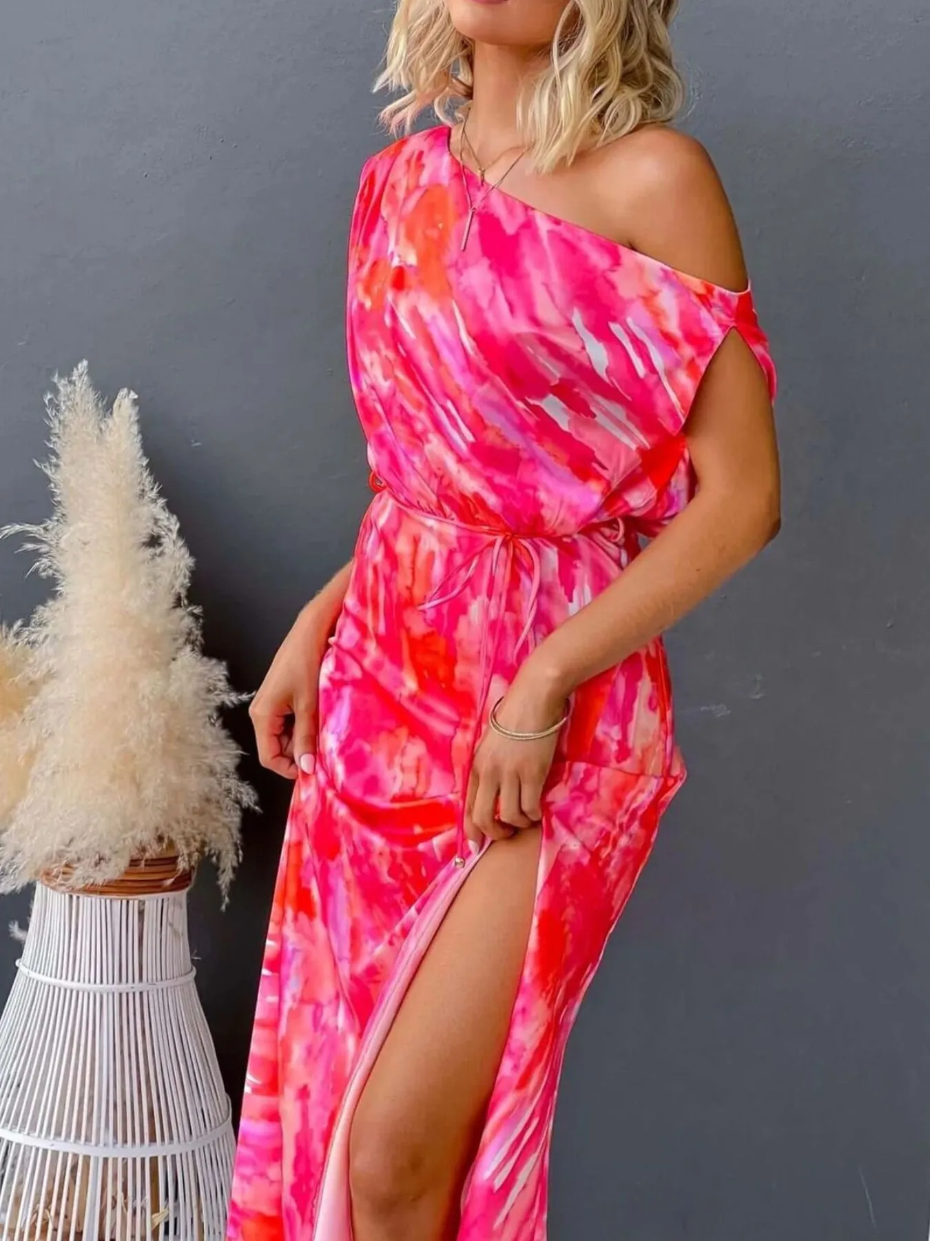 One Shoulder Printed Dress with Slit - Image 18