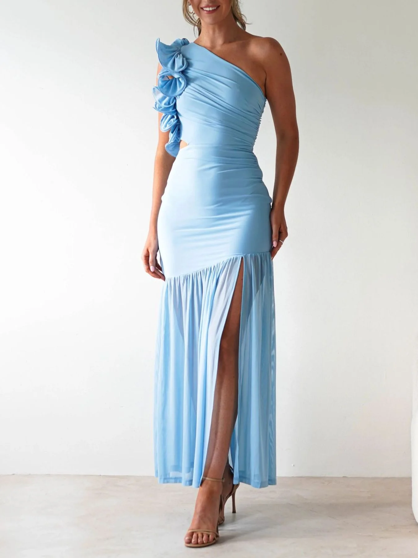 One-Shoulder Ruffle Trim Maxi Dress - Image 20