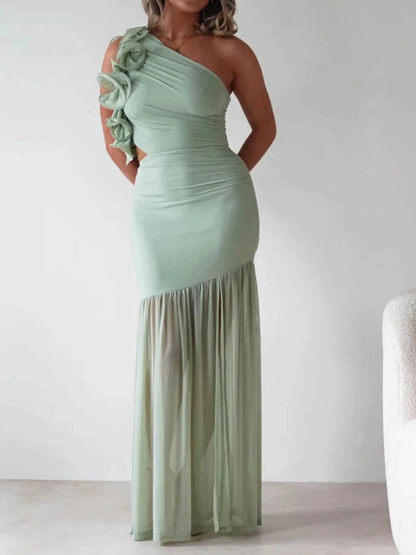 One-Shoulder Ruffle Trim Maxi Dress - Image 8