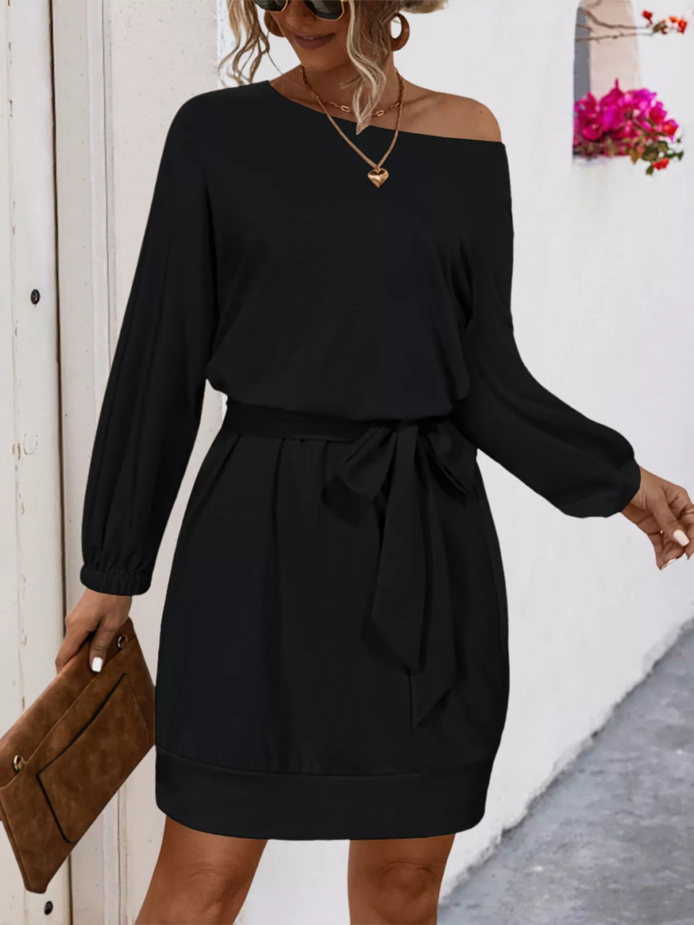 One Shoulder Tie Waist Dress - Image 10