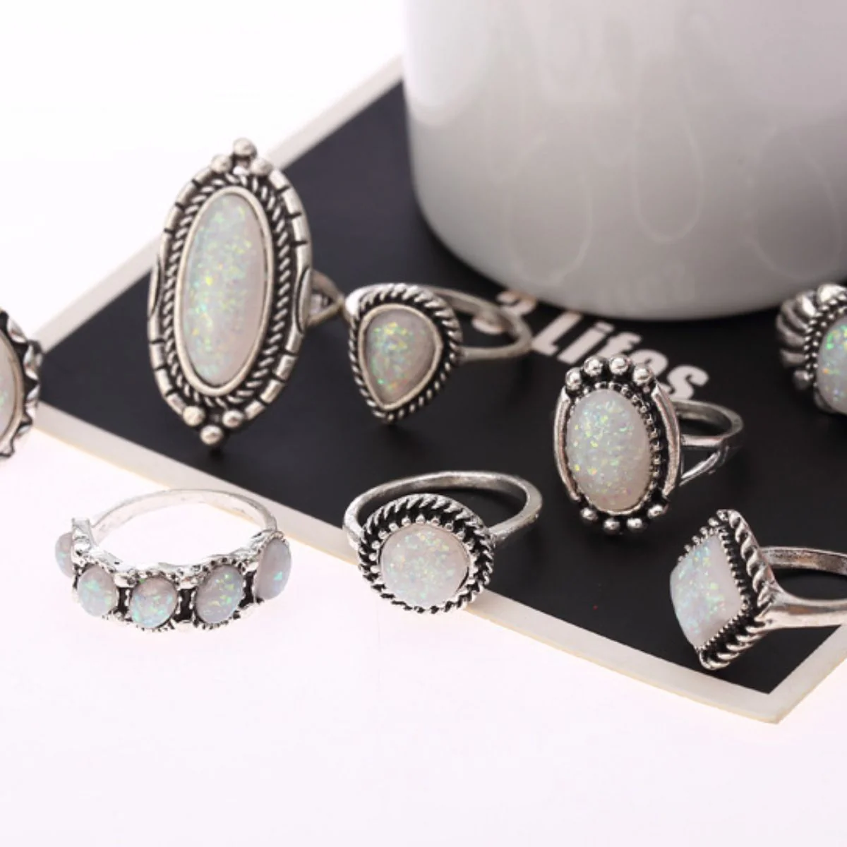 Opal Alloy Geometric Ring 10-Piece Set - Image 4