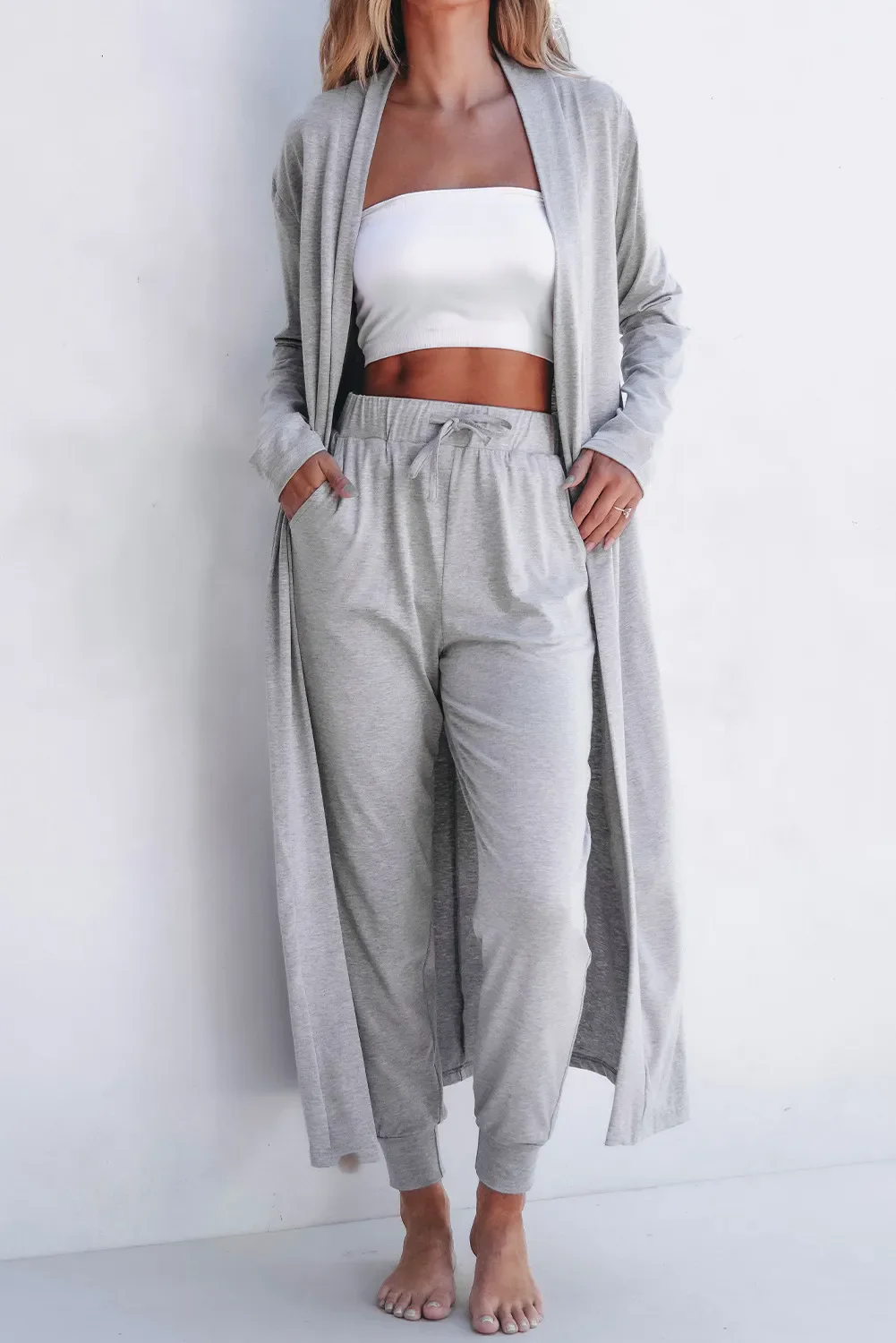 Open Front Long Sleeve Cardigan and Pants Lounge Set - Image 2